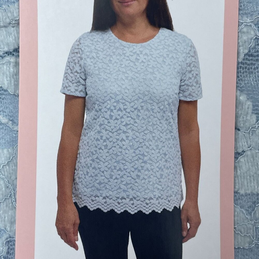 Teddi Rose Women’s Blue Floral Lace Short Sleeve Top Size L a1551 - Picture 2 of 8